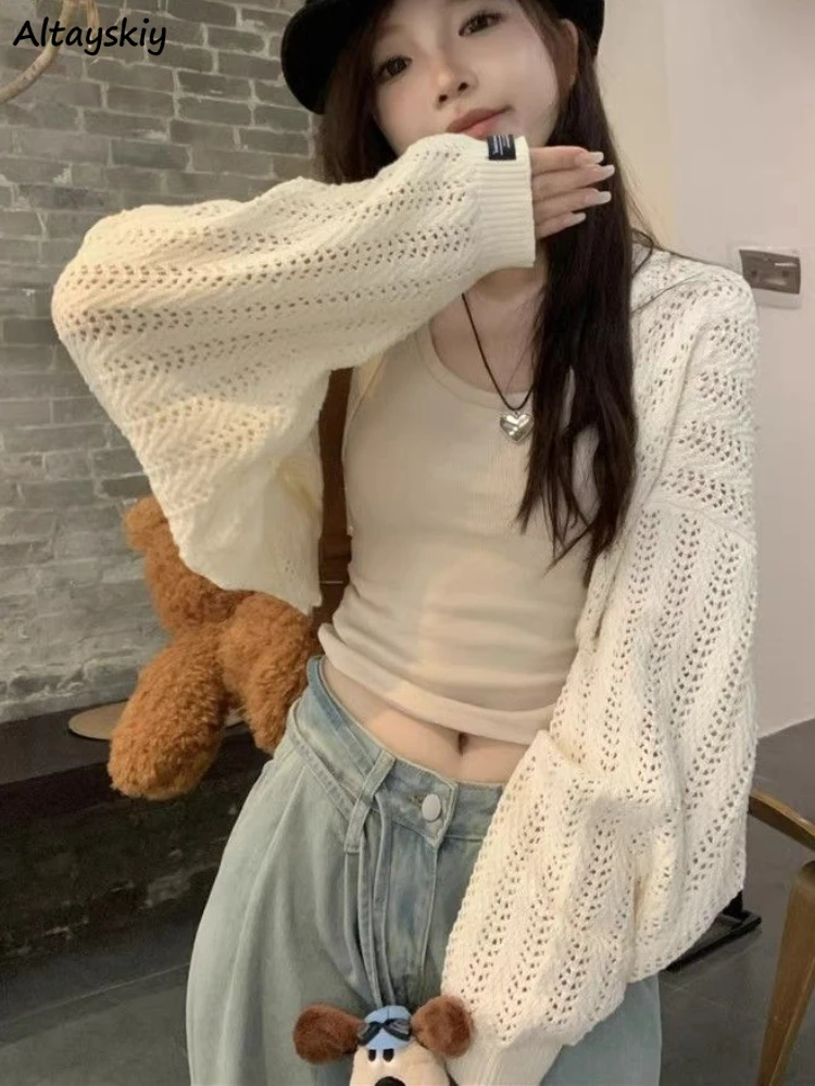 

Solid Cardigan Women Hollow Out Sweet Sun-proof Long Sleeve Elegant Spring Korean Style Knitting All-match Design Breathable New