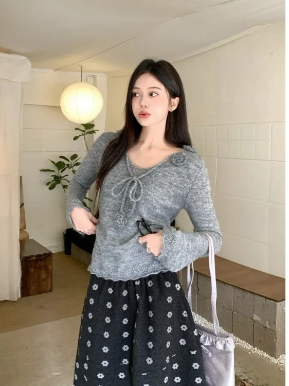 

plus Size Women's V-Ne Long Sve Sweater Autumn Winter New Sle Waist-Cinching Anti-Aging Base irt Top Floral Print