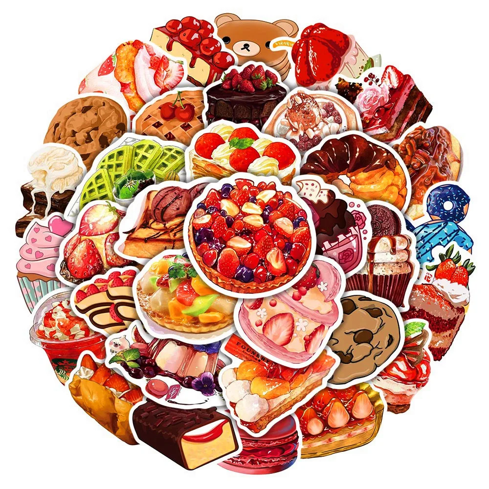 50 Stück Realistische Süßigkeiten Getränke Desserts Brot Snack-Packs Graffiti-Aufkleber für Helm Fahrrad Notizbuch Federmäppchen