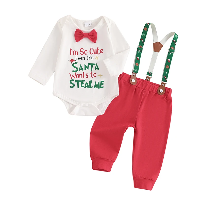 

Baby Boys Christmas Set Bow Tie Letter Print Long Sleeve Round Neck Romper Overall Pants Outfit