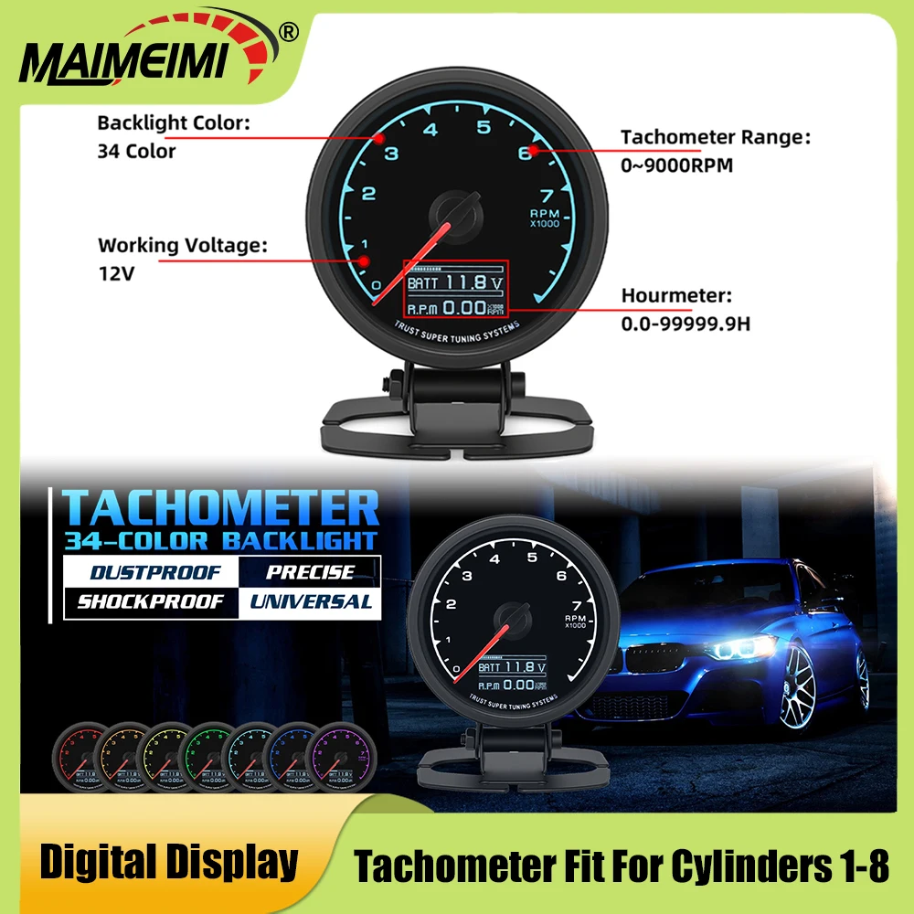 

Car Tachometer 7 Backlight Color LCD Display With Instrument Holder Fit For 1-8 Cylinders Vehicle Tacho Gauge RPM Racing Meter