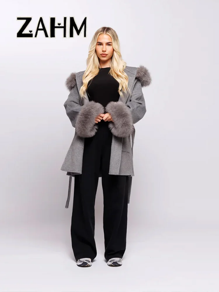 Šedá vlněná bunda z umělé kožešiny s patchworkem pro ženy, volná mikina s kapsou na opasek, dámský kabát, podzim/zima 2025, módní dámská streetwear, nová - náhled 6