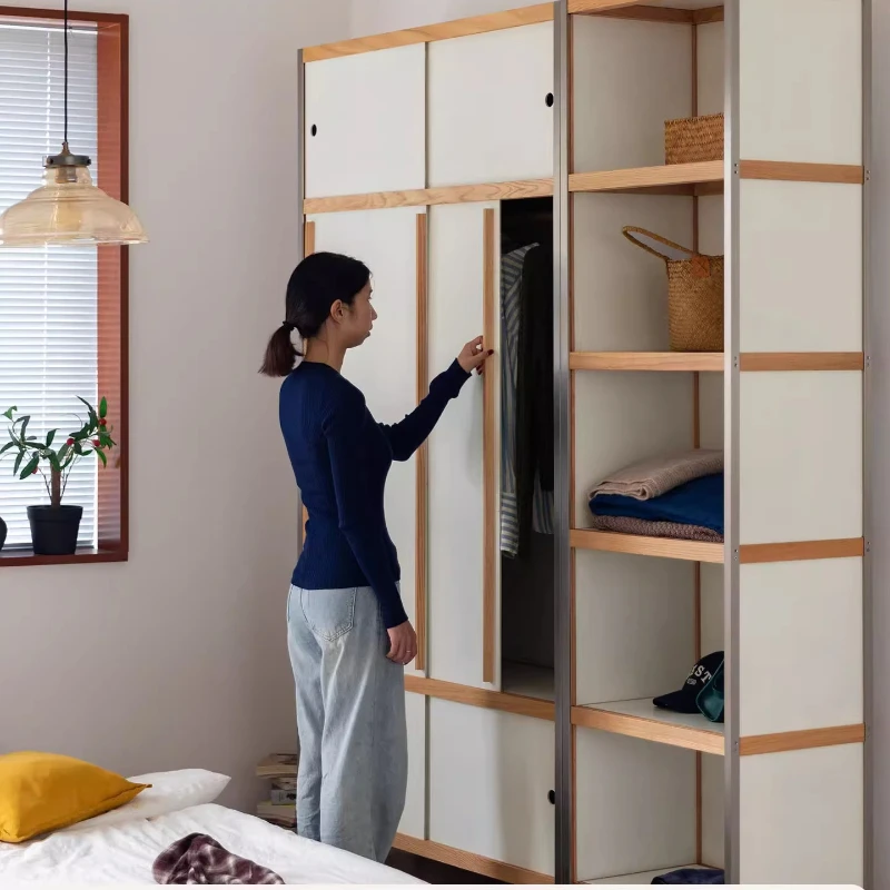 

Wardrobe Nordic Bauhaus medieval solid wood multi-layer bedroom sliding door wardrobe storage