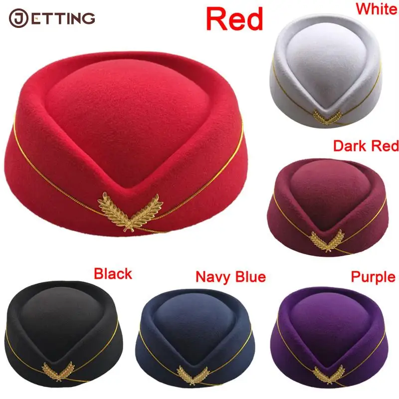 Women Ladies Stewardess Hat Wool Fedoras Hats Elegant Airline Costume Etiquette Cap For Women Professional Stewardess Hat