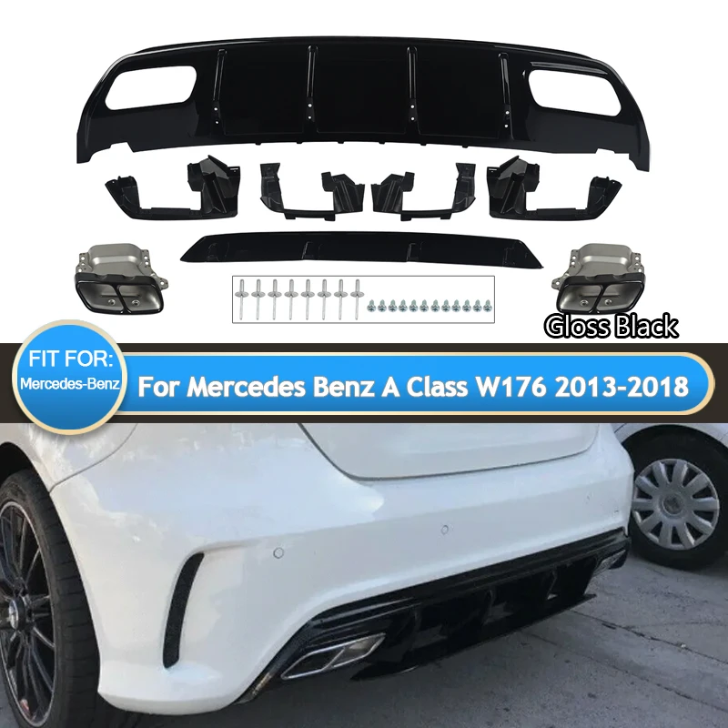 For Mercedes Benz W176 A45 AMG A160 A180 A200 A220 A250 Hatchback Rear Bumper Diffuser Lip Spoiler with Exhaust Tips 2012-2018