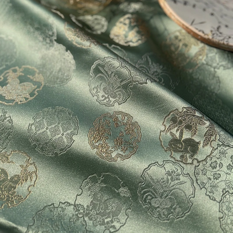 Fabric Width 150cmx50cm Ruyi Rabbit Bean Green Brocade Snow Wheel Pattern Vintage Jacquard Satin Retro  DIY Vest Dress Clothing