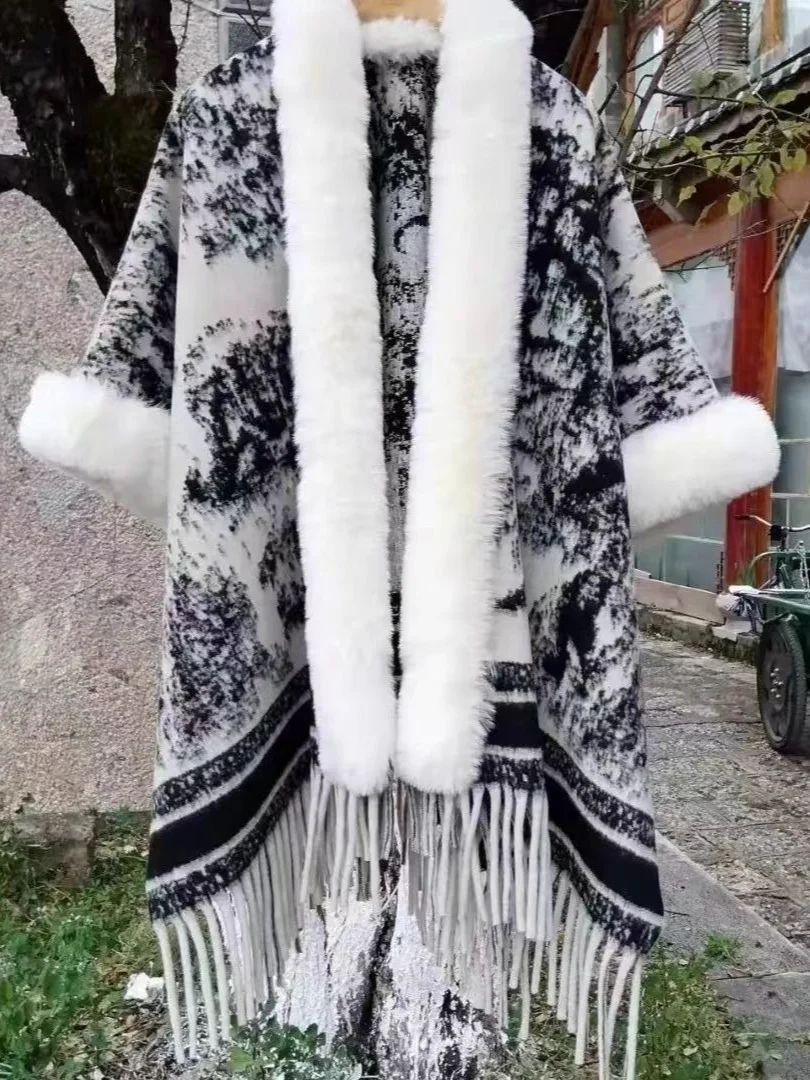 Women's Thick Warm Cape Poncho Shawl Faux Fur Collar Cuffs Tassels Snowflake Plaid Jacquard Retro Fall Winter Cozy Wrap