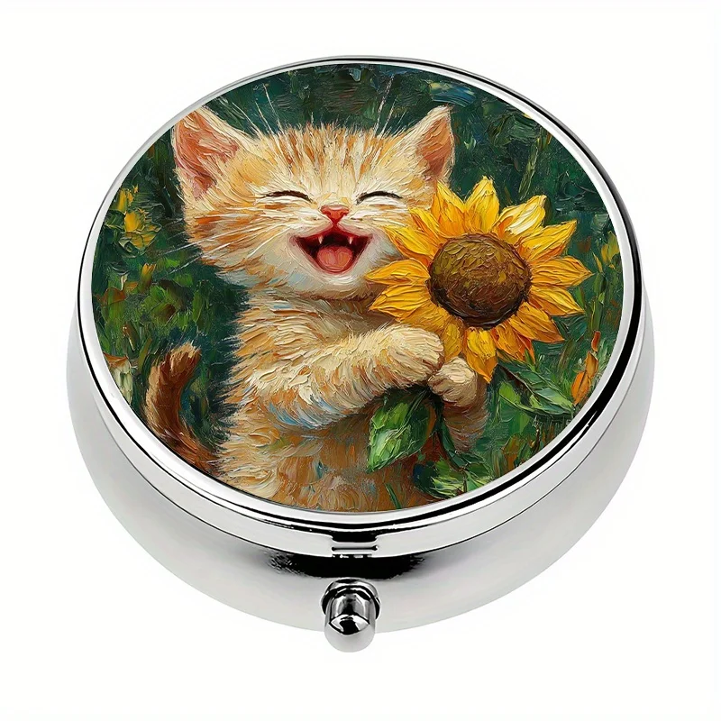 Single pack, pill box with 3 compartments, portable pill box for cats, suitable for purse or wallet, pill box, vitamin storage box, decorative metal storage box, used for storing medication and vitamins