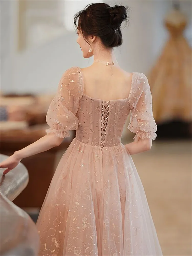 Pink Dress Women Summer Solid Color Beaded Square Collar Five-point Sleeve Mid-length A-line Skirt Elegant Female Clothing M172