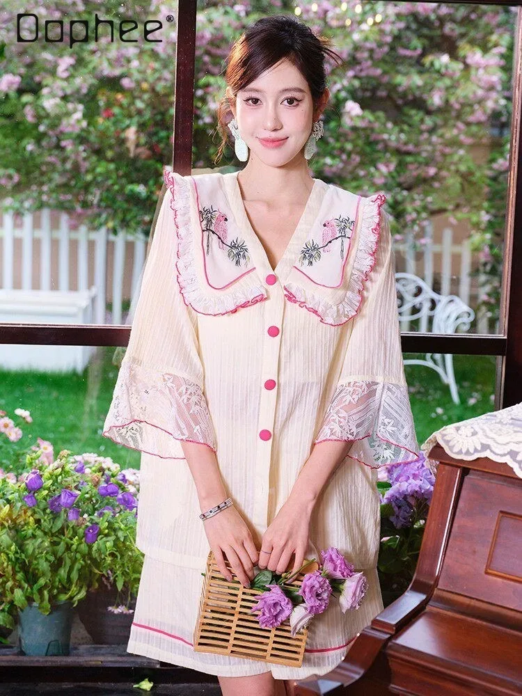 Original Retro Girl-style Lace Embroidery with Bra Pad Pajamas Flared Long-sleeve Pants Two-piece Set Loose Women's Loungewear