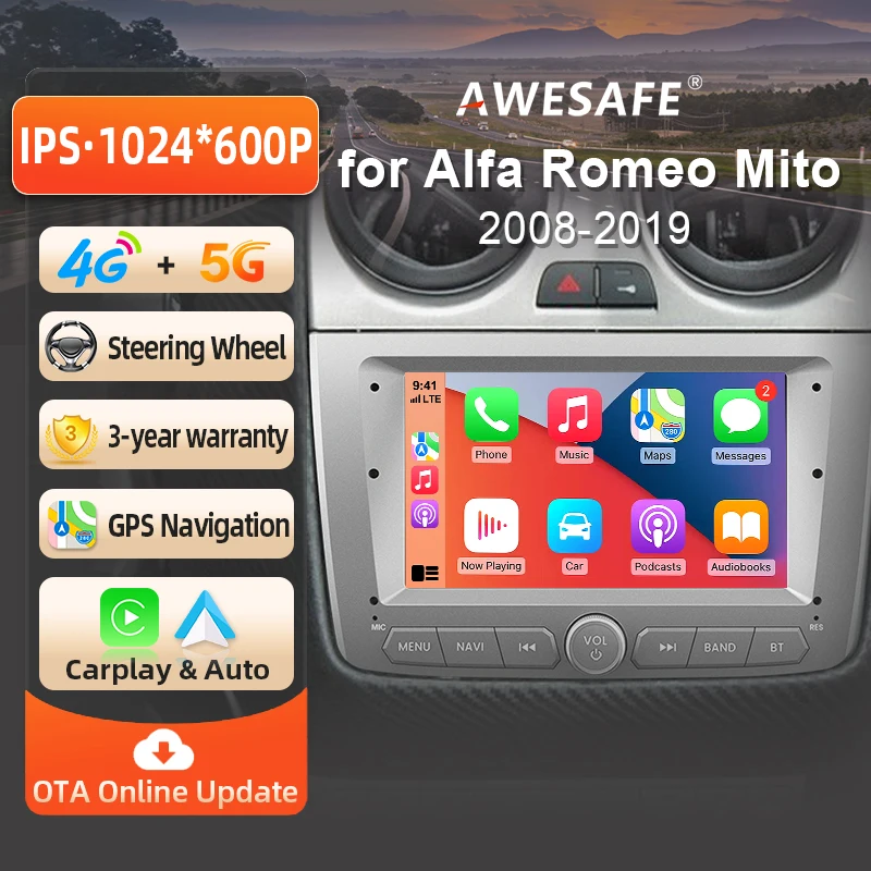 Image of AWESAFE 7-Zoll-Autoradio mit kabellosem CarPlay für Alfa Romeo Mito 2008 2009 2010 2011 2012 mit Android Auto, GPS-Navigation, Smart-System, RDS, DSP, FM