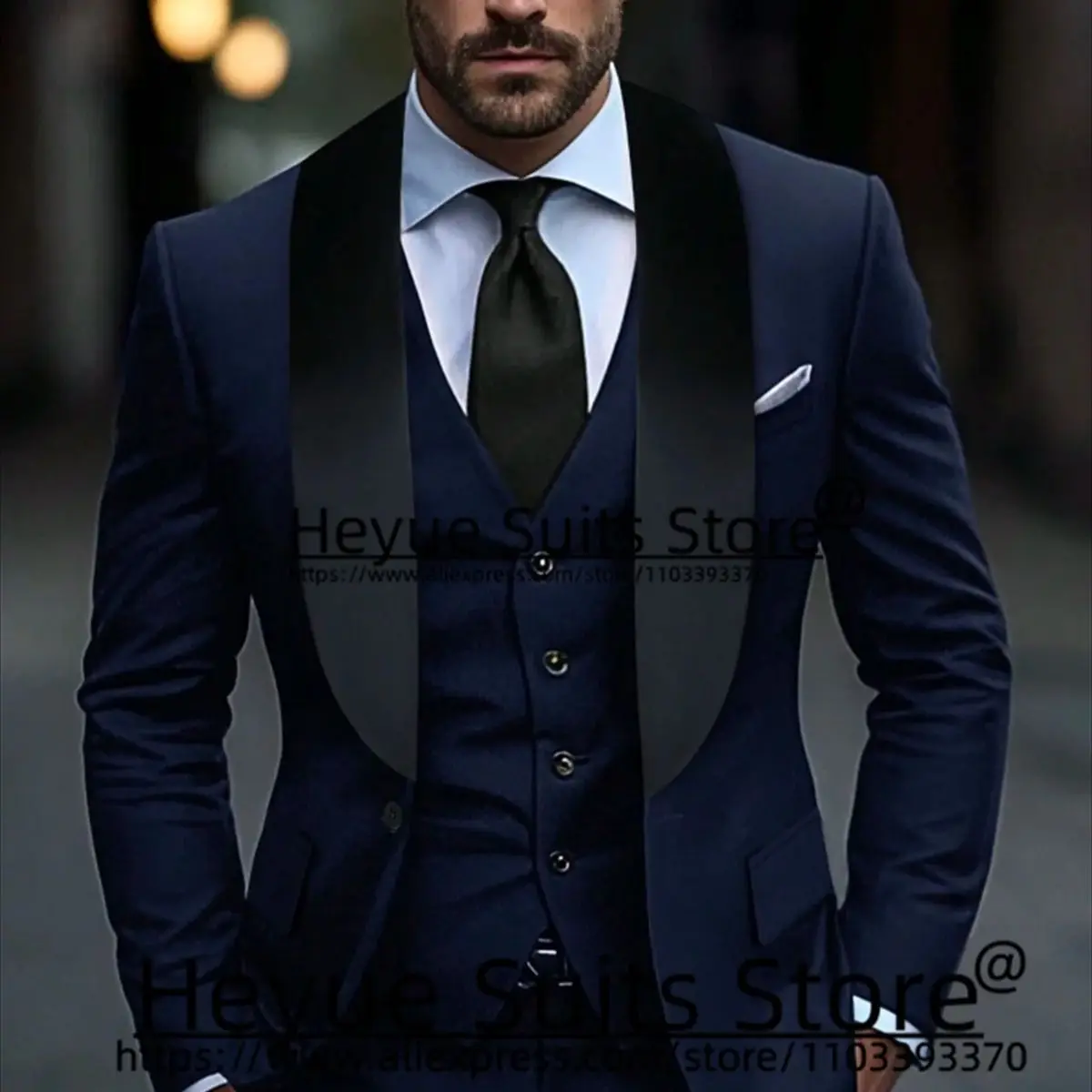 Marineblau Büroarbeit Männer Anzüge Slim Fit schwarz Schal Revers Bräutigam Hochzeit Smoking 3 Stück Sets Business männliche Blazer Terno Masculino