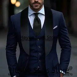 Navy Blue Office Work Men Suits Slim Fit Black Shawl Lapel Groom Wedding Tuxedos 3Pcs Sets Business Male Blazers Terno Masculino