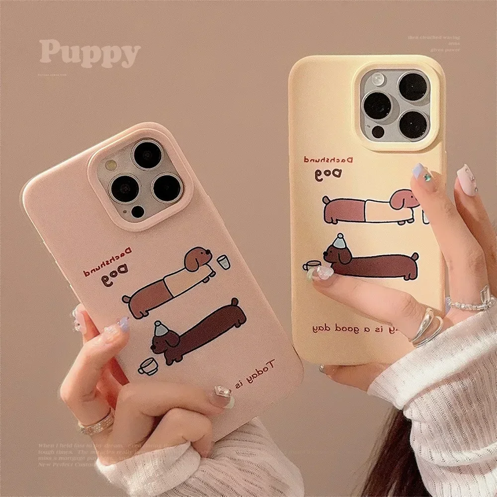 Funny Dachshund puppy drink water dog Pink Phone Case For iPhone 16 15 14 13 12 Pro Max Case Cute Cartoon shockproof Soft Cover