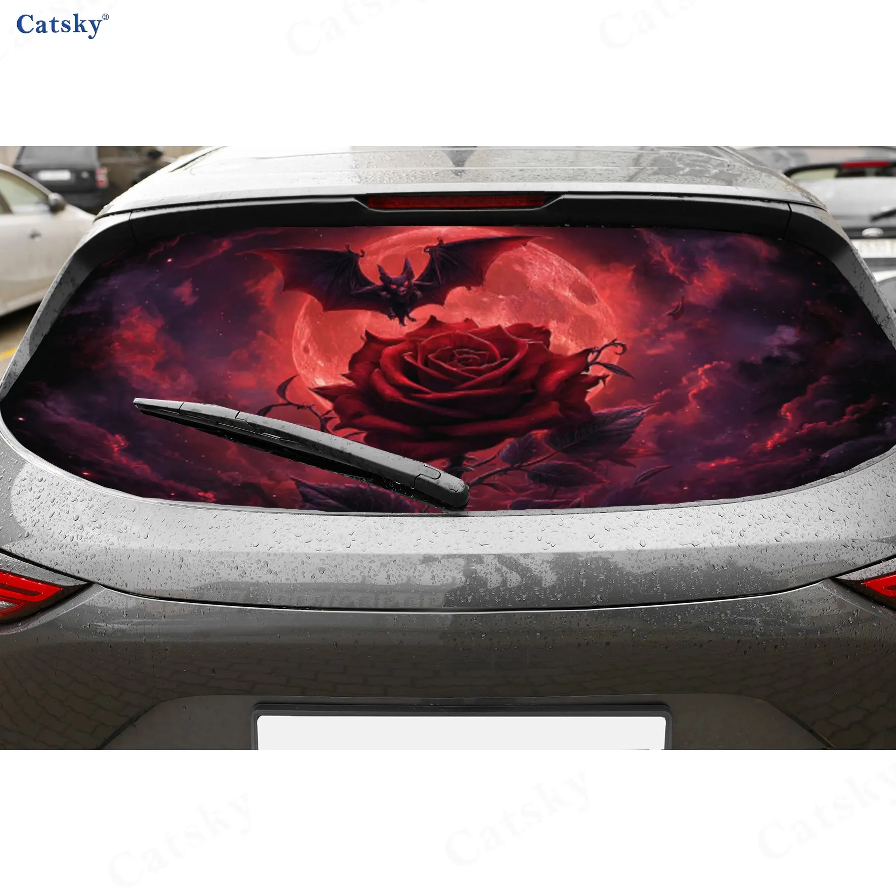

Винтажная темно-красная виниловая пленка с перфорацией «Лунная роза» для автомобиля, прочная наклейка на заднее стекло автомобиля, водонепроницаемая наклейка на заднее окно автомобиля
