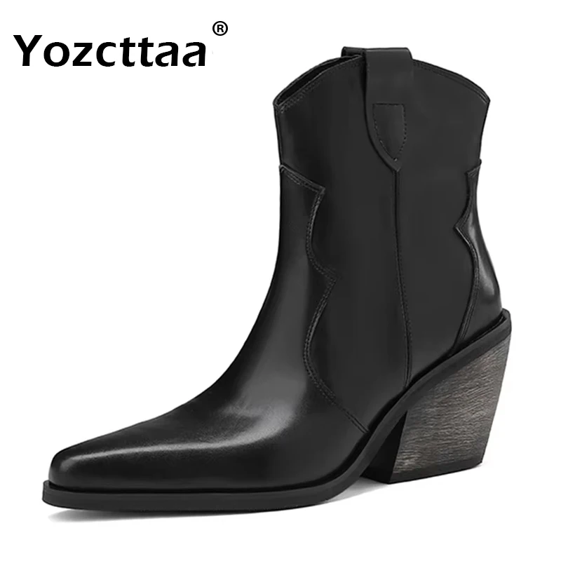 Yozcttaa-Botines de cuero estilo vaquero para mujer, botas cortas de estilo occidental, zapatos Retro de oficina, talla 33-40, otoño e invierno, 2025