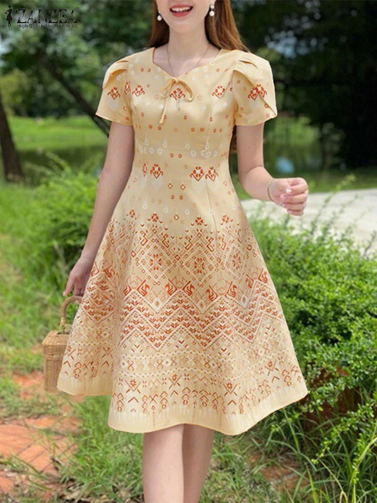 Women Long Dress ZANZEA 2025 Summer Bow Bohemian Elegant Short Sleeve Print A-line Sundress Square Collar Casual Party Vestidos