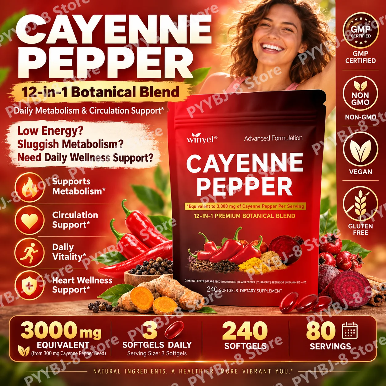 Cayenne Pepper Softgels with Grape Seed Oil and Vitamins D3 & K2 for Daily Vitality, Bone & Leg & heart Support, 240 Softgels