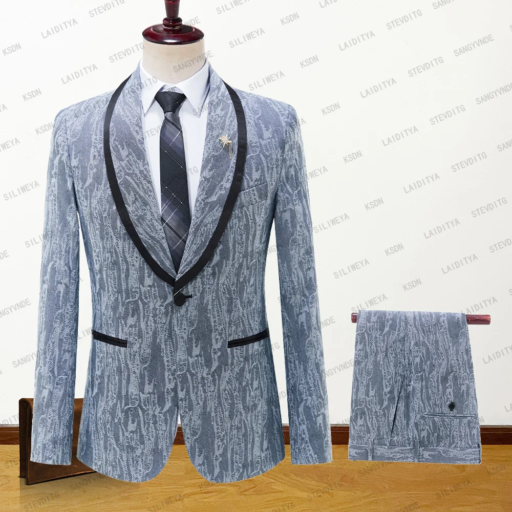 

2023 New Blue Denim Jacquard Wedding Tuxedo With Velvet Shawl Lapel Formal Business Men Suits 2 Pcs Jacket With Pants Slim Fit