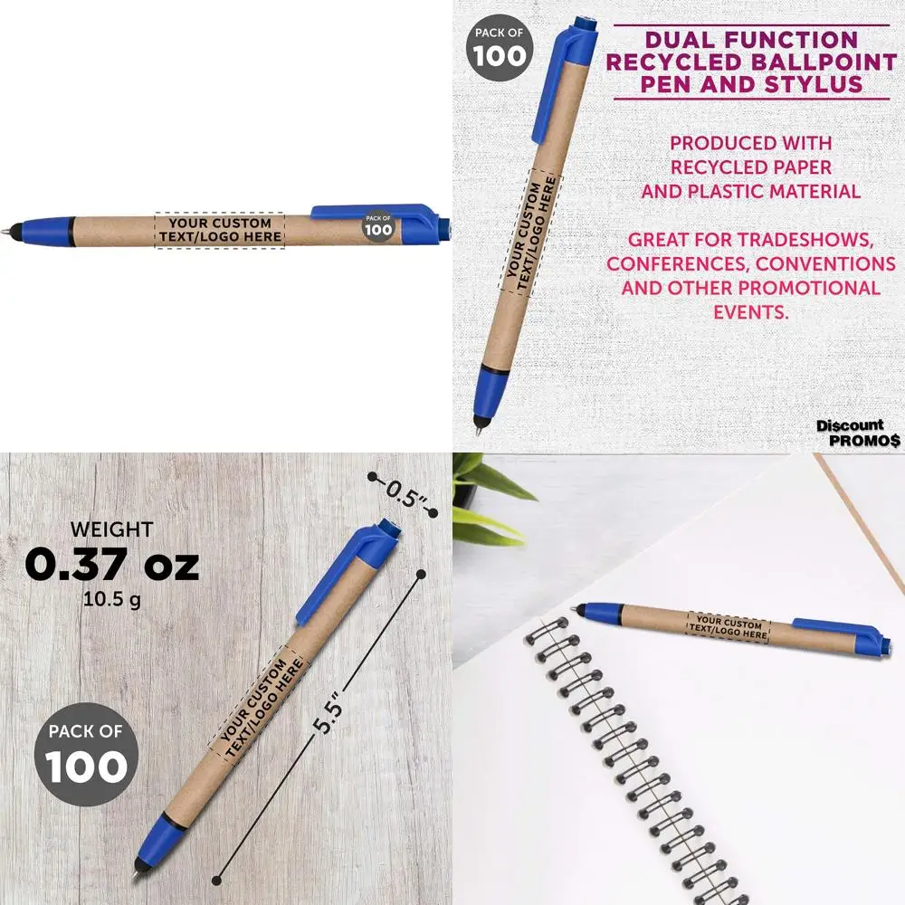 

Customizable 100-Pack Recycled Retractable Ballpoint Stylus Pens with Blue Ink - Eco-Friendly, Personalizable, and Logo-Ready