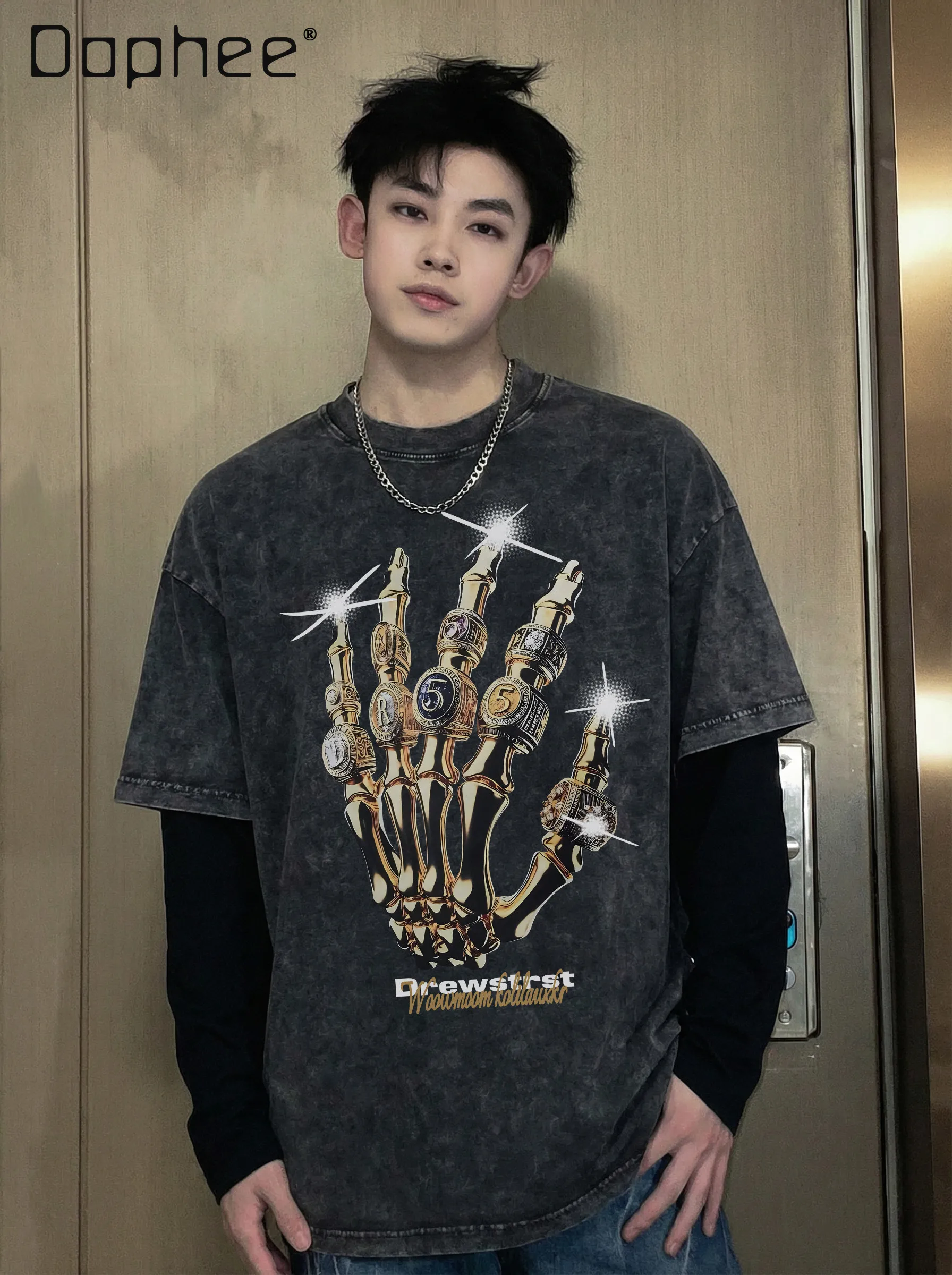 

Spring Autumn New American Hip-Hop Street Style Men's Vintage Loose Casual Black Faux Two-Piece Round Neck Long Sleeve T-Shirt