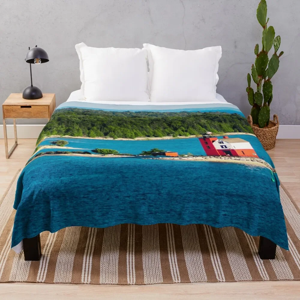 

Round Island Light watching over Lake Michigan on Mackinac Island Throw Blanket Stylish Decor Blanket Gift for Friends Roommate