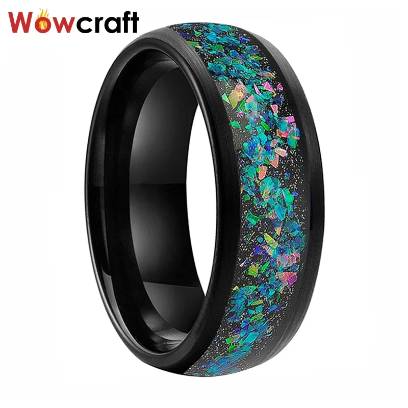 Men Women Wedding Bands Black Tungsten Carbide Rings Galaxy Crushed Opal inlay Domed Brushed Finish Comfort Fit