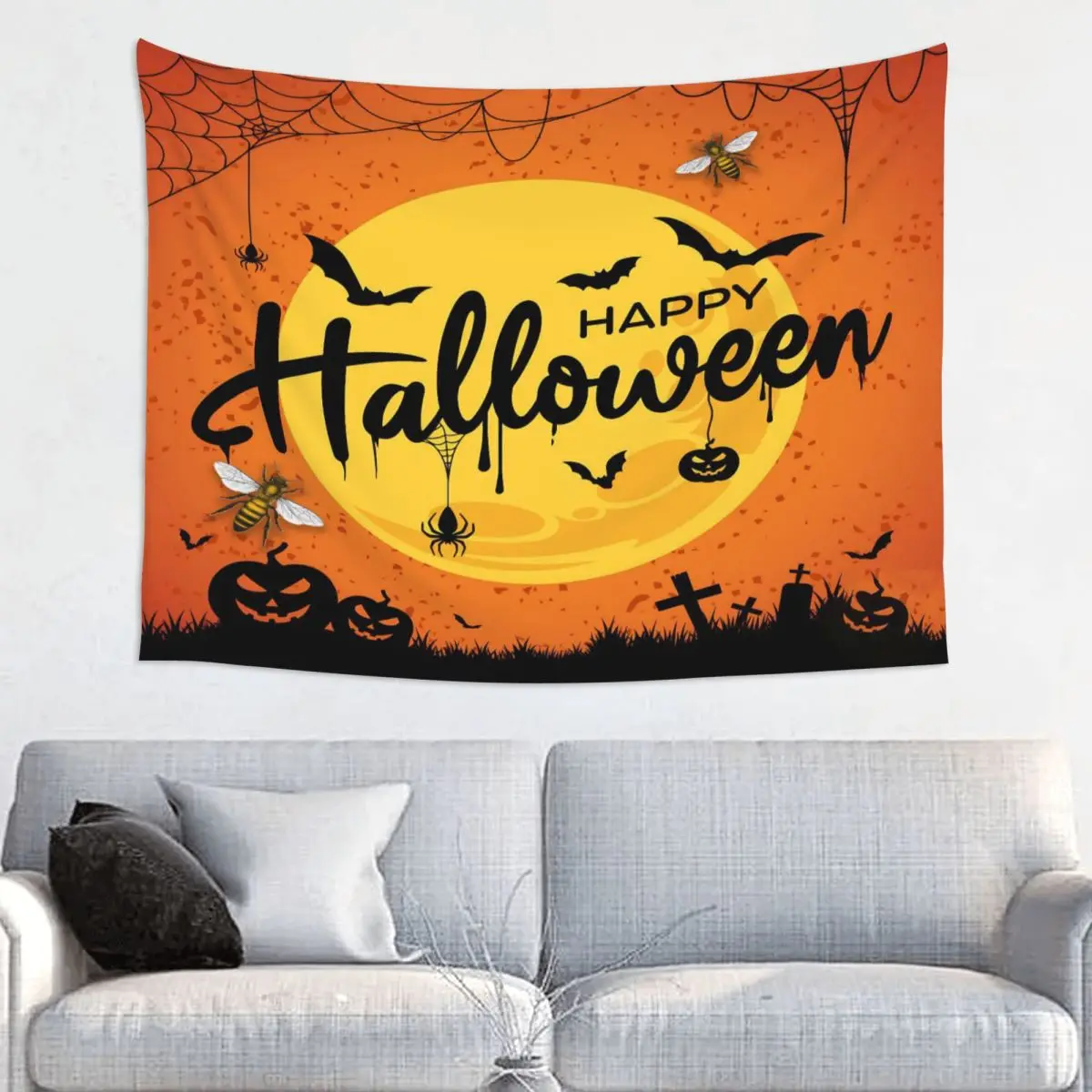 Happy Halloween Tapestry Wall Hanging Print Fabric Wall Tapestry Ghost Spider Web Fantasy Throw Rug Blanket Dorm Decor 95x73cm