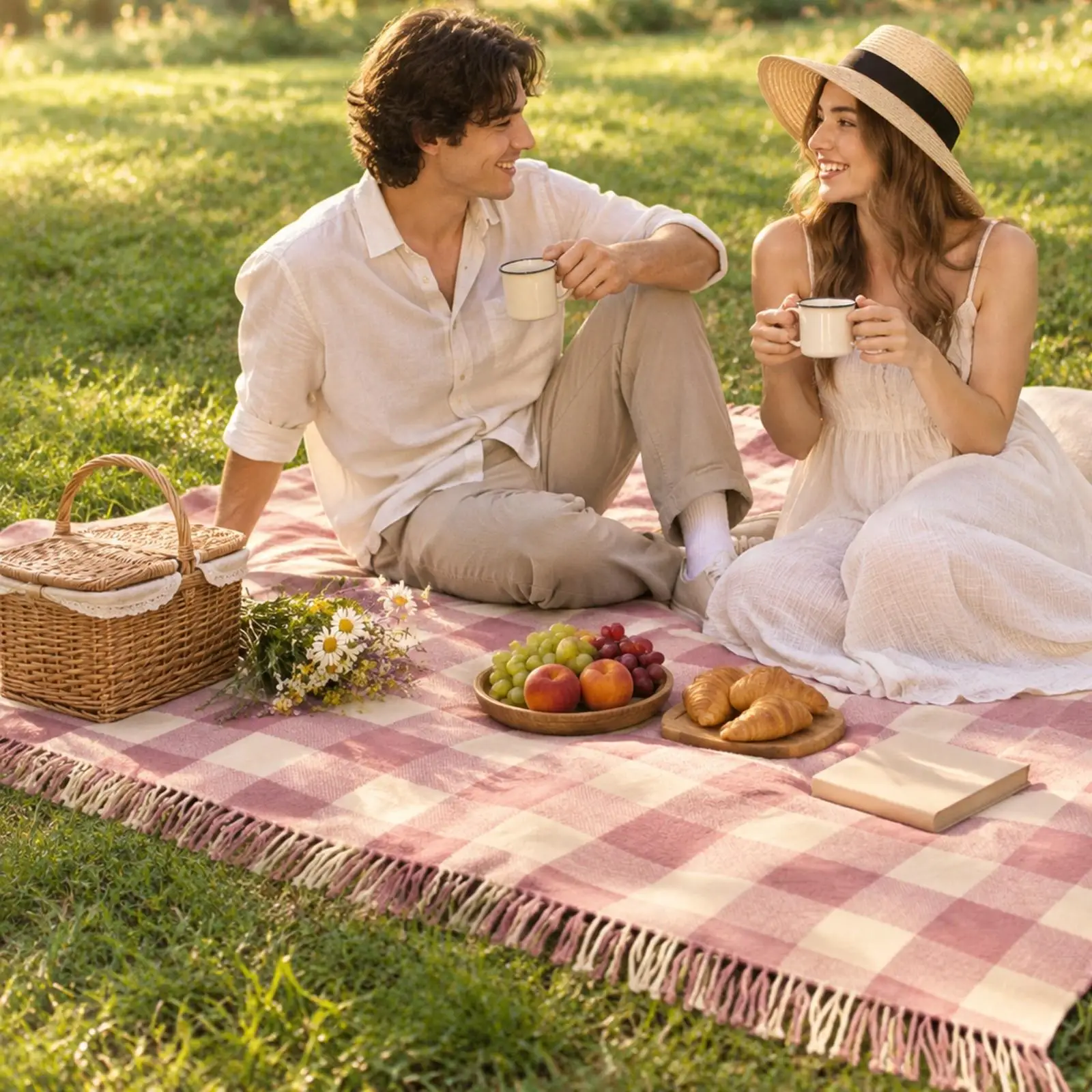 Classic Plaid Picnic Mat for Outdoor Use Acrylic Blanket with Fringe and Strap for Beach Camping Hiking Travel