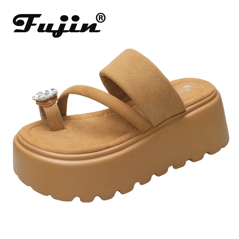 

Fujin 7,5 см тканевые шлепанцы с открытым носком на плоской подошве, тканевые женские сандалии, кожаные тапочки, туфли на танкетке на платформе, модные эластичные слипоны