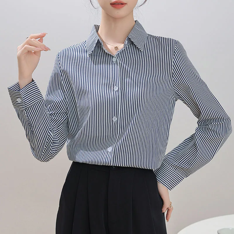 

Новая женская рубашка с длинным рукавом и отложным воротником, Повседневная рубашка в полоску, блузка, женские топы, женские рубашки, блузы, блузы, M307