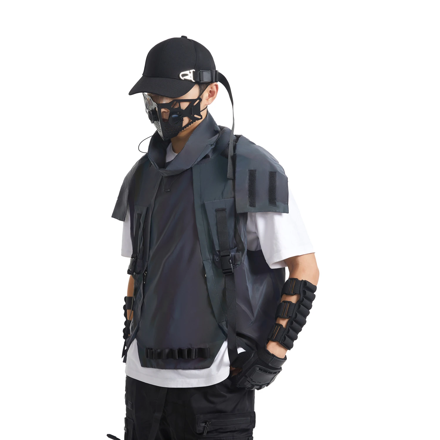 Colorful Reflective Fall/Winter Tactical Hooded Vest Multi-functional Technical Flying Sleeveless Jacket Punk Pullover Waistcoat