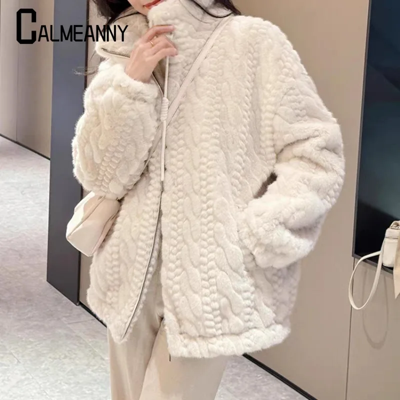 

2024 Winter New Style Casual Loose Versatile Korean Edition Personality Thickening Women Wool Jacket Stand Collar Fur Jackets