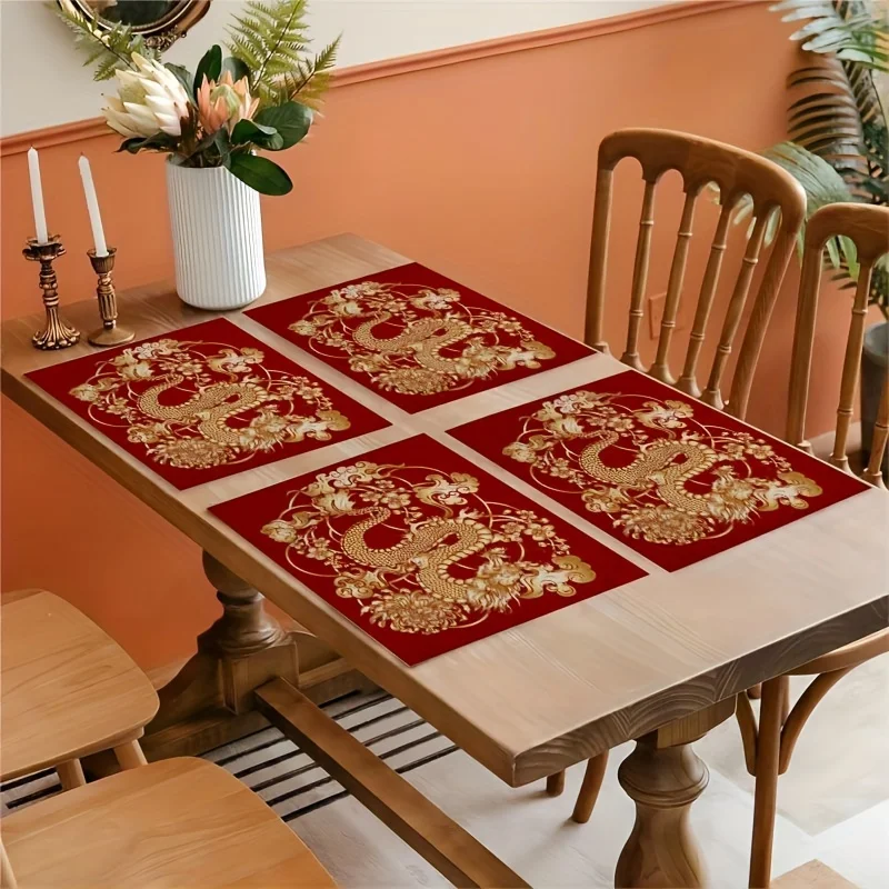 1pc Square Placemats, Chinese Style Red Simple And Elegant Light Luxury Table Pads, Golden Dragon Pattern Table Decoration Mat