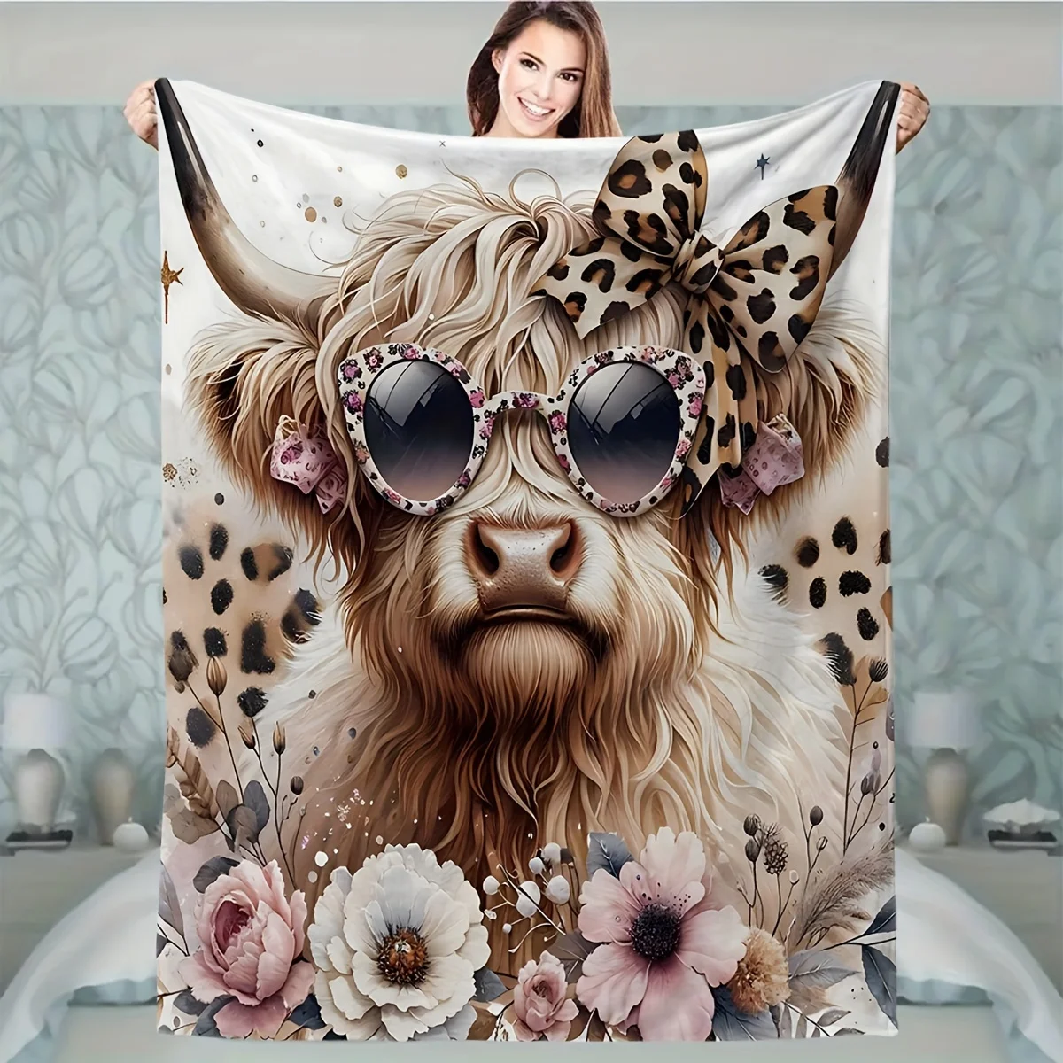 Charming Highland Cow & Leopard Print Flannel Throw Blanket - Soft, Cozy, and For Couch, Office, Camping, All-Season Bedding