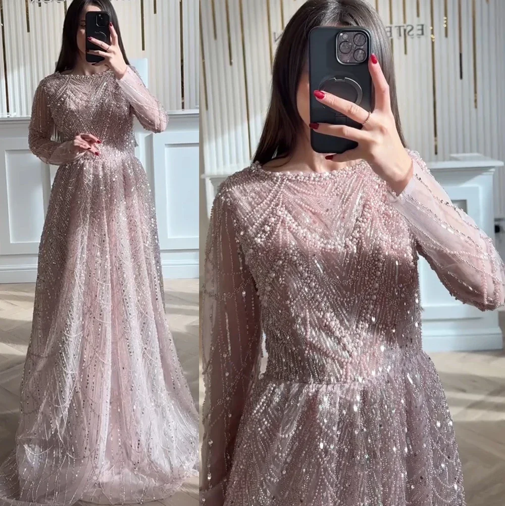 Personalizado árabe luxo muçulmano pérolas vestido de noite a linha mangas compridas contas formal vestido de baile vestido de festa de casamento para mulher
