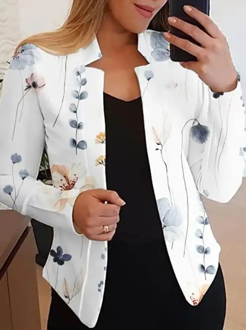 

2023 Autumn Fashion Floral Print Slim Fit Standing Collar Long Sleeve Commuting Elegant Style Women Open Front Daily Blazer Coat