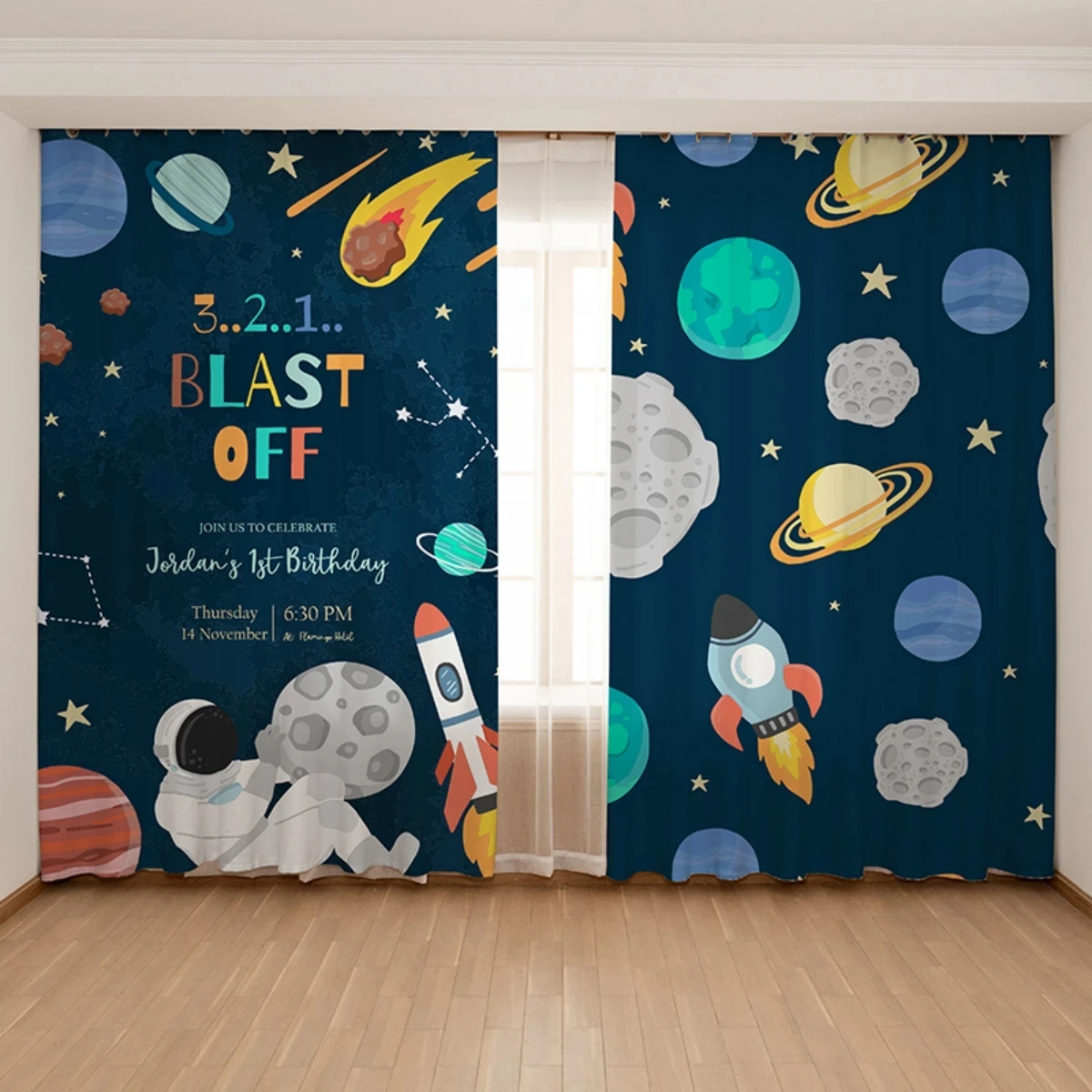 Cartoon Space Rocket Space Astronaut Children's Room Boy Bedroom Bay Window High Shading Fashion Various Color Pattern 2Panels