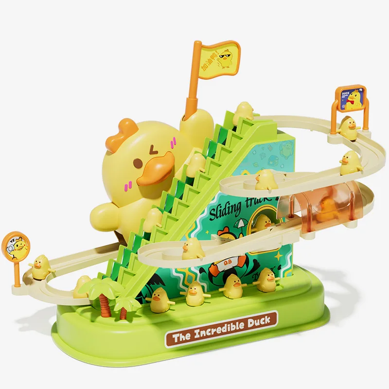 Kids Electric Duck Climbing Stairs Toys Audible Light Little Yellow Duck Rotating Slide Track Baby Children\'s Puzzle Toy Gift