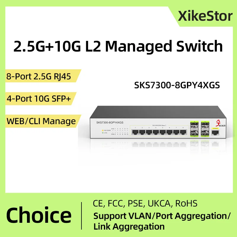 

XikeStor 8-портовый 2,5G RJ45 управляемая сеть 4-портовый 10G SFP+ слоты Ethernet Интернет