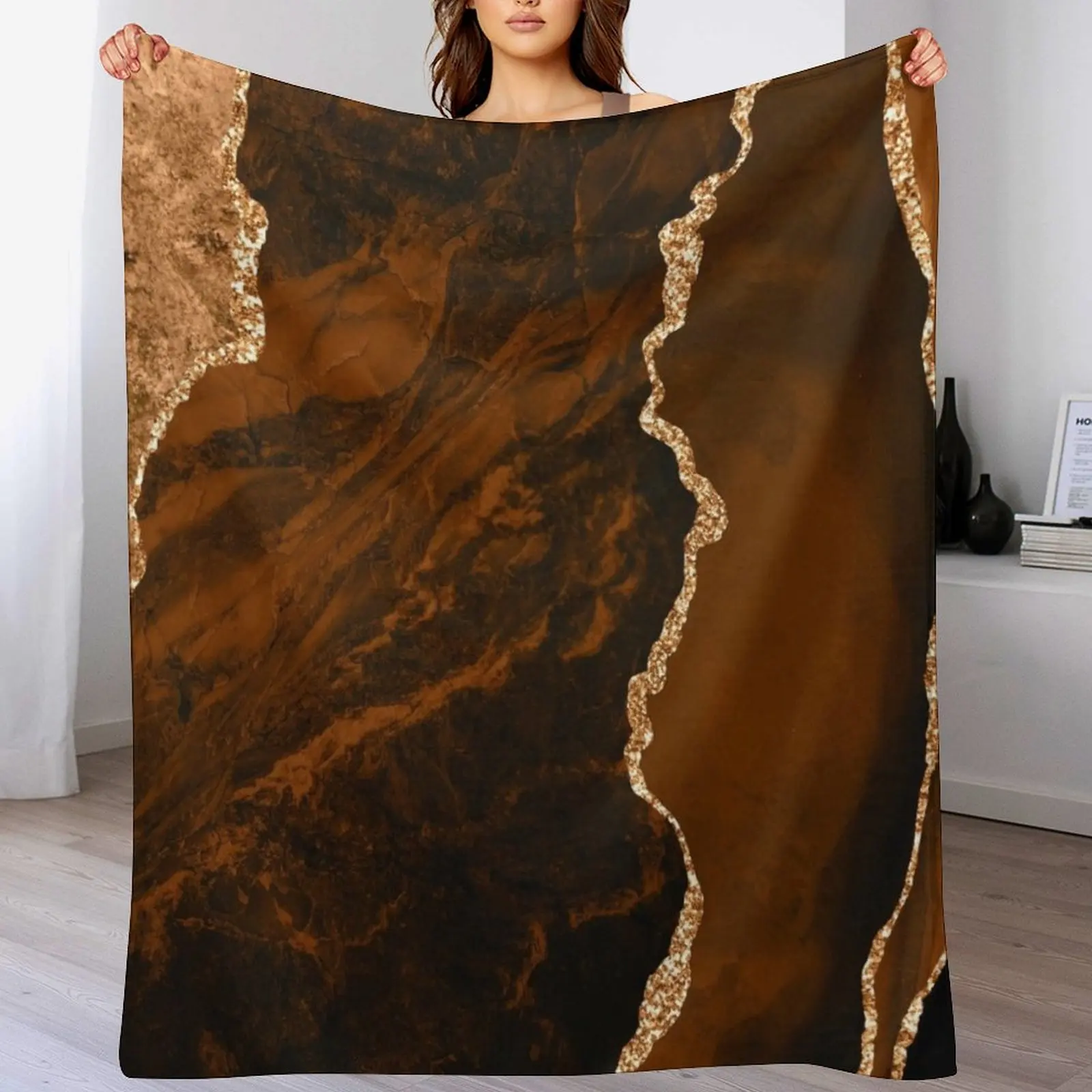 Abstract Chocolate Brown & Gold Modern Geode Agate Design Throw Blanket Hairys bed plaid Soft Plush Plaid Blankets