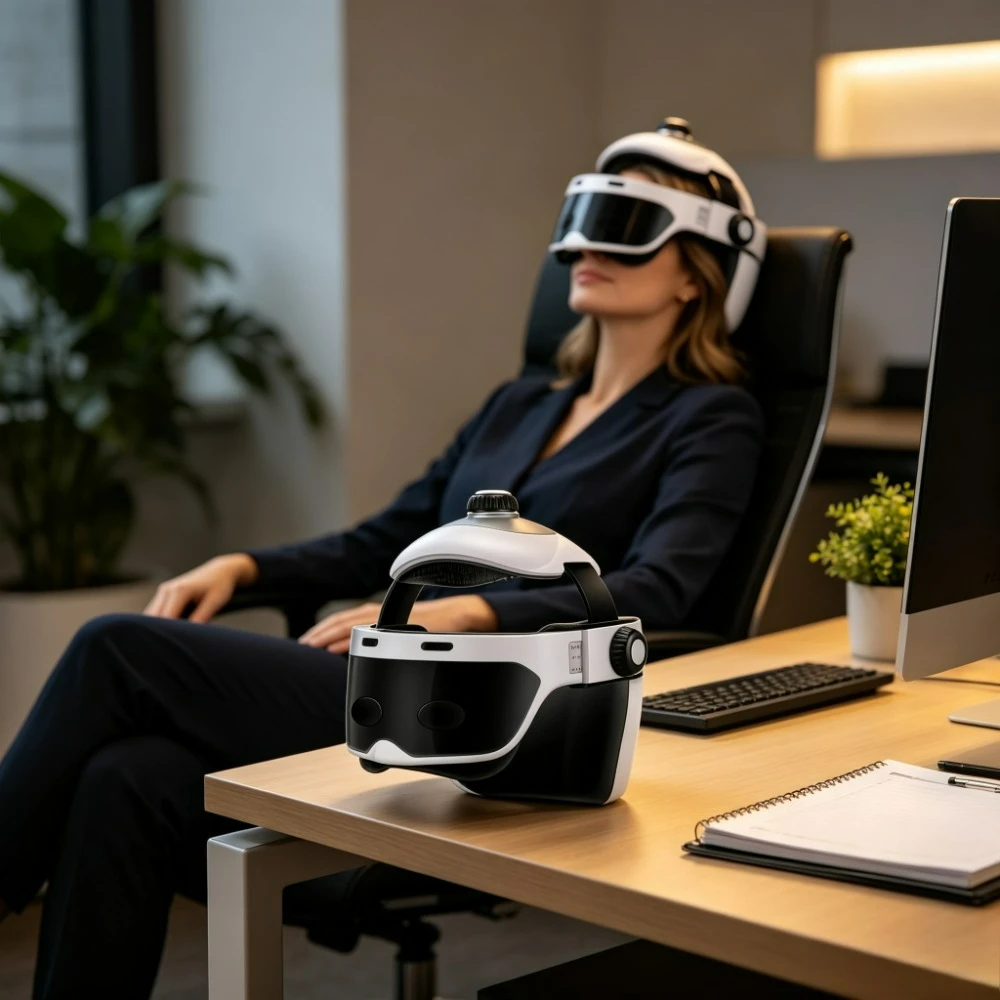 Integrated Head and Eye Massager Device Scalp Neck Therapy Helmet Wireless Portable for Household Business Trip Salon Spa Health