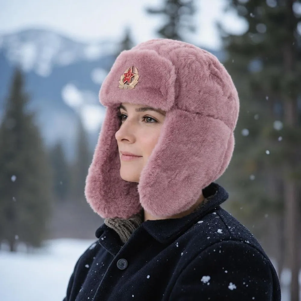 Faux Fur Ushanka Hat Windproof Badge Detail RussianTrapper Hat Ear Protection Thermal Insulation Earflap Hat For Men Women