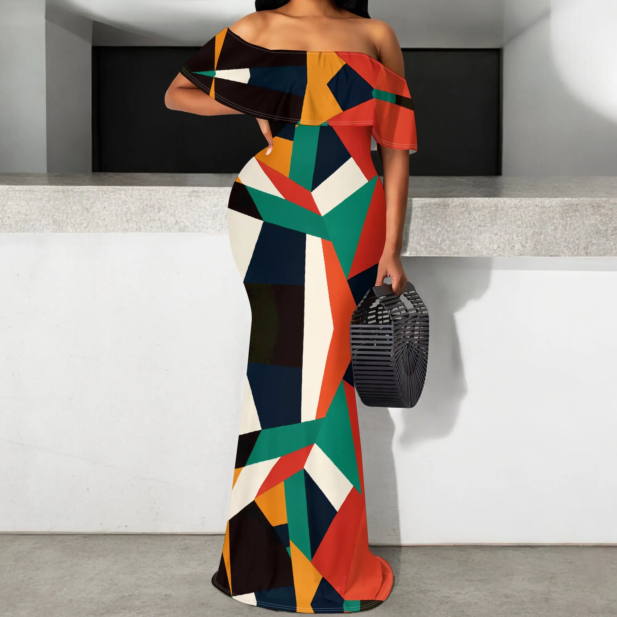 

Multicolor Geometric Patchwork Maxi Dress S-3XL Off Shoulder Ruffle Style for Summer Party, Evening Gala or Art Show