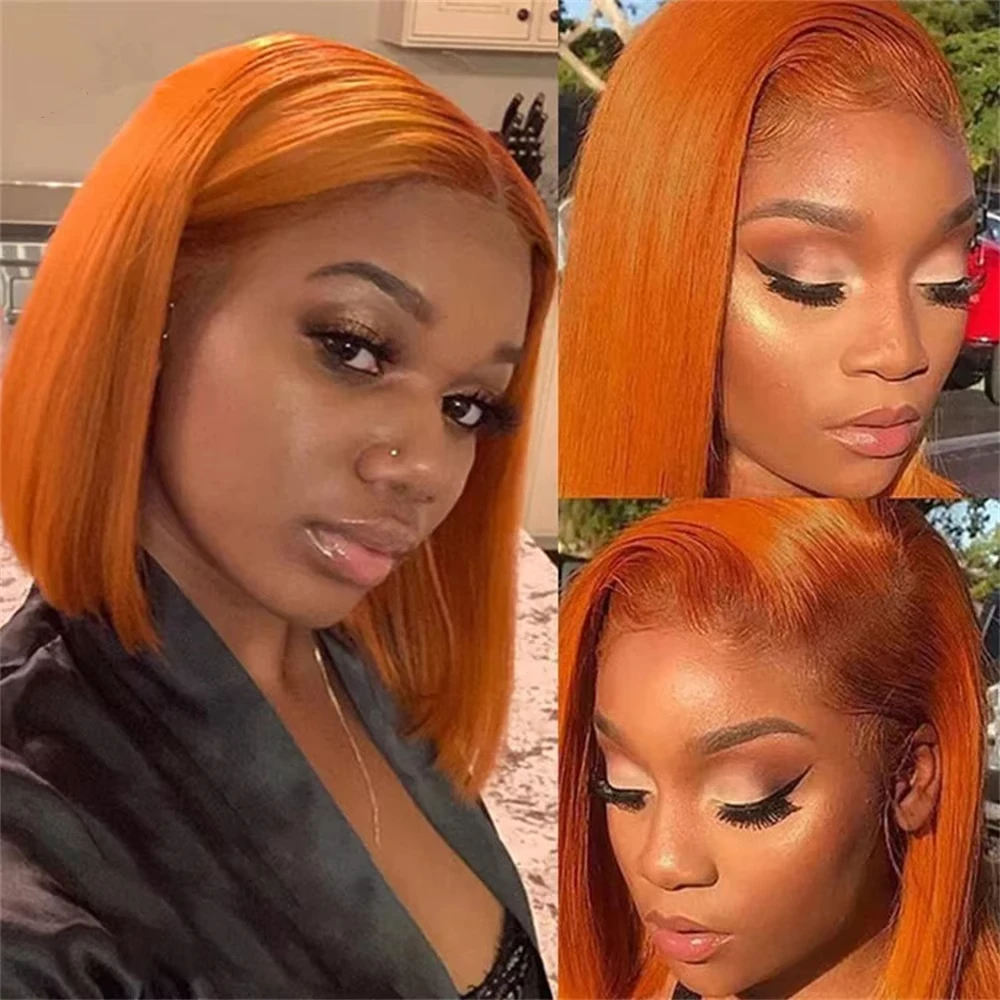 

350 Ginger Orange Color Straight 13x4 Lace Front Short Bob Wig Transparent Lace Frontal Wigs Human Hair 12 Inch For Black Woman