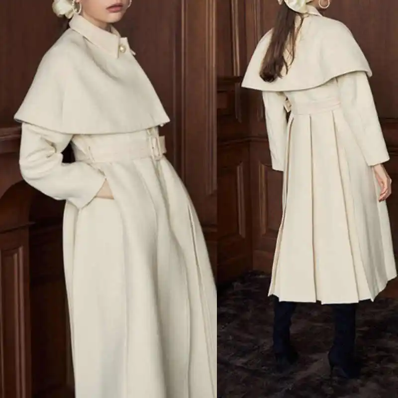 Hepburn Style Women's Overcoat 1 Piece Slim Long Coat With Cloak Single Breasted Party Banquet Autumn Winter Clothing Customized