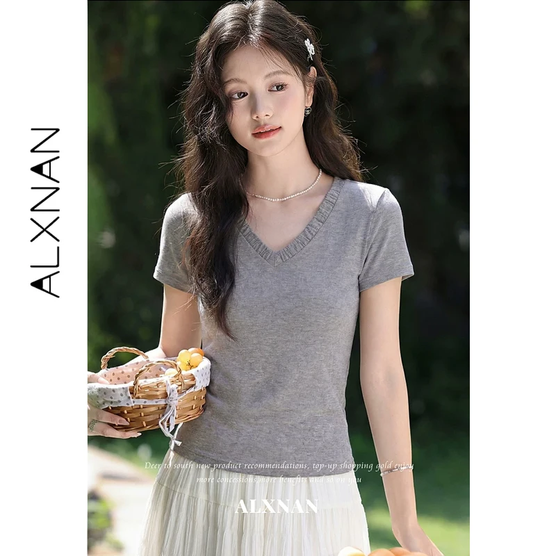 

ALXNAN Women's T-shirt Ruffle V-neck Short Sleeve Slim-fit Casual Basic Tops Summer Elegant Daily Wear Tees New 2026 L63982A