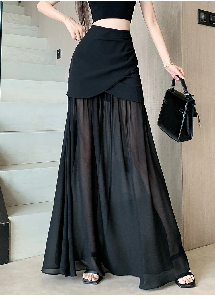New fashion high-end chiffon patchwork black flowing sexy half skirt niche high waist slimming temperament long skirt
