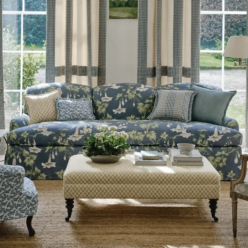 Retro Floral Fabric Sofa 3 Seater Blue Soft Couch Straight Row Large Living Room Furniture for Small Apartment
