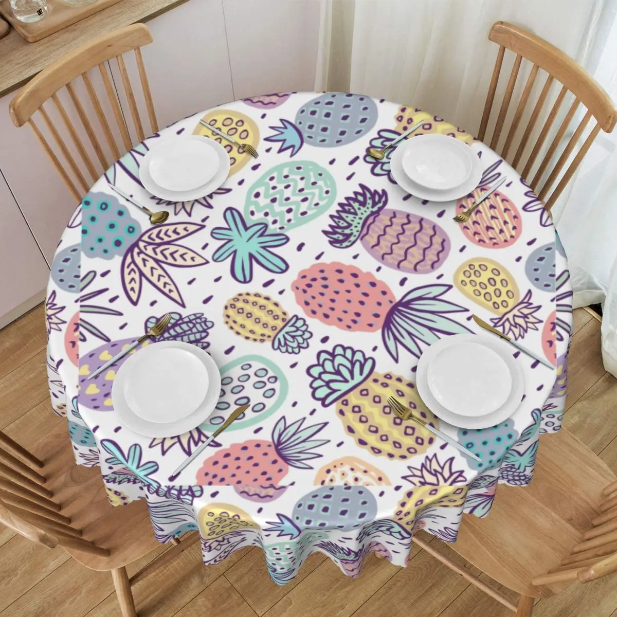 Custom Pineapple Digital Art Tablecloth Round Oilproof Table Cover Cloth for Dining Room 60 inch